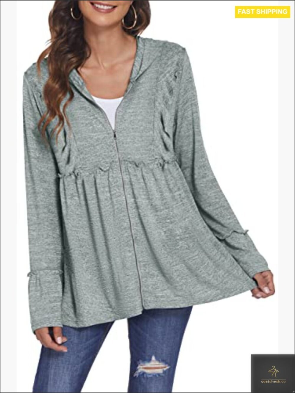 Pleated Tiered Zip Up Hoodie Women Casual Lightweight Long Sleeve Jacket - Picture 2 of 7